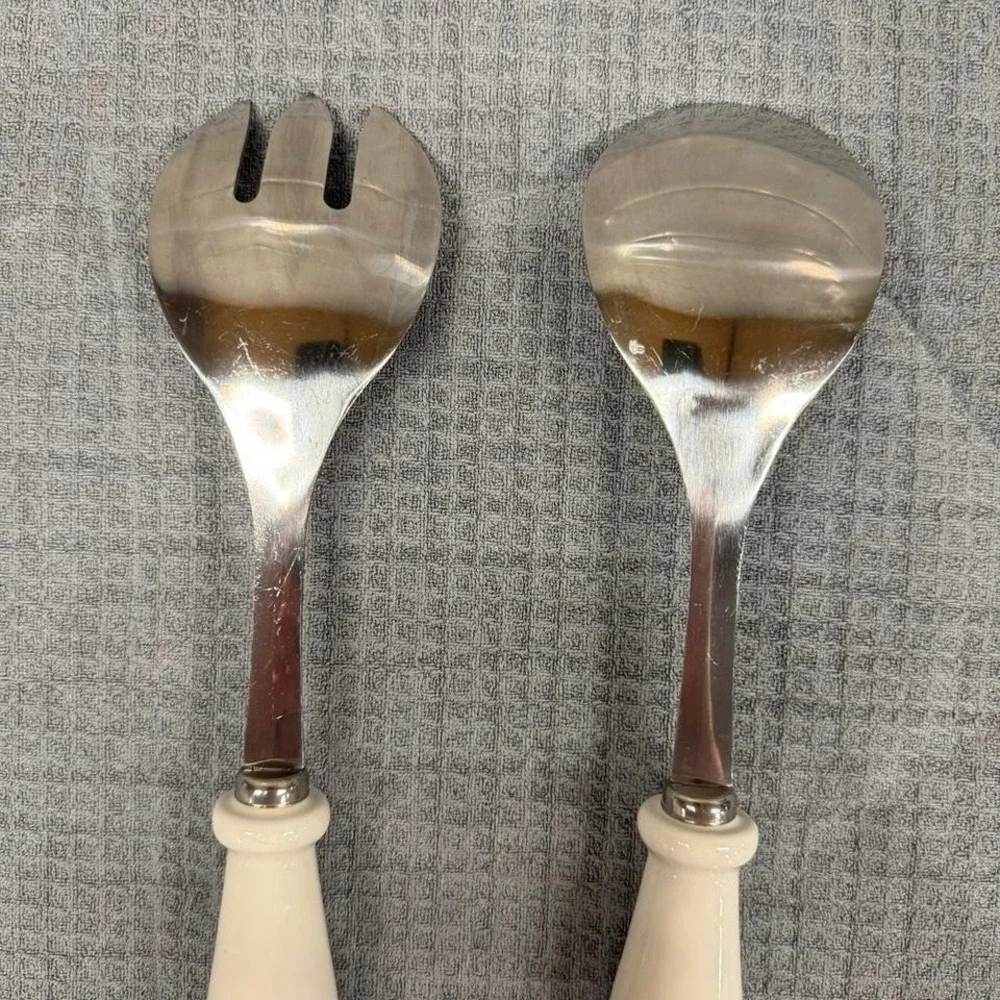 Rae Dunn Toss Serve Salad Serving Utensils White Ceramic Handle Farmhouse